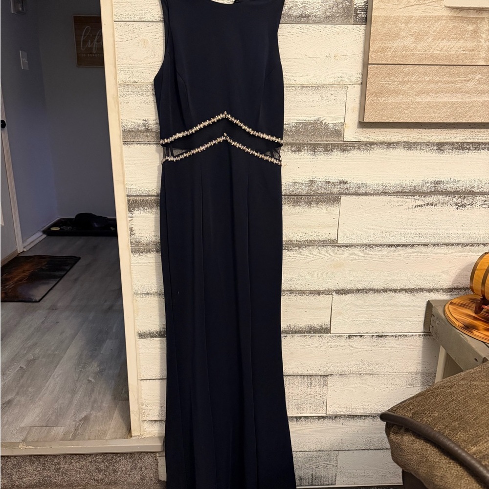 Aqua Navy Blue Maxi Dress with Silver Accents